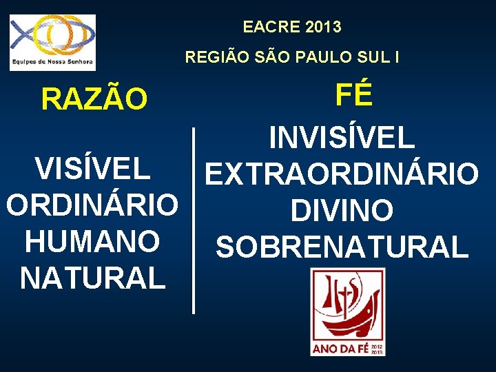EACRE 2013 REGIÃO SÃO PAULO SUL I FÉ INVISÍVEL EXTRAORDINÁRIO DIVINO HUMANO SOBRENATURAL RAZÃO