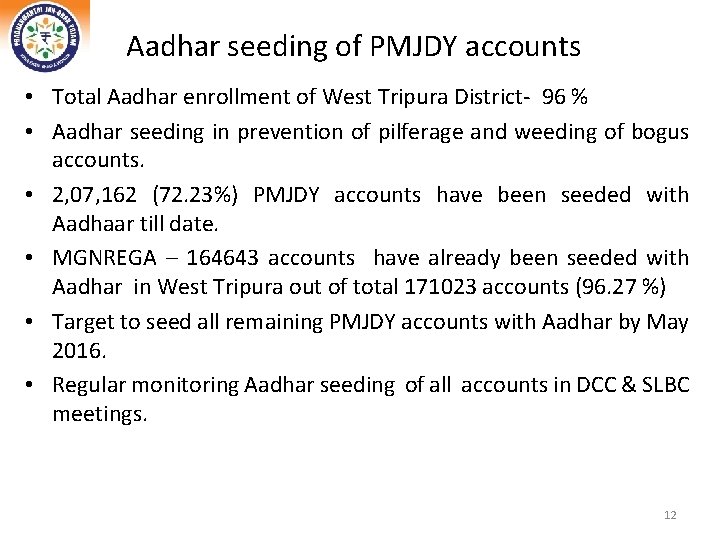Aadhar seeding of PMJDY accounts • Total Aadhar enrollment of West Tripura District- 96