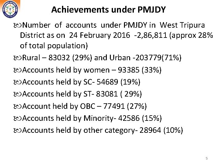 Achievements under PMJDY Number of accounts under PMJDY in West Tripura District as on