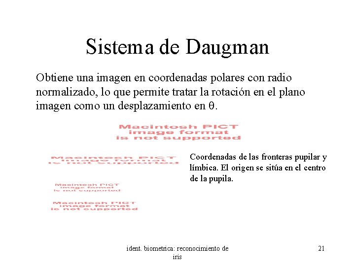 Sistema de Daugman Obtiene una imagen en coordenadas polares con radio normalizado, lo que