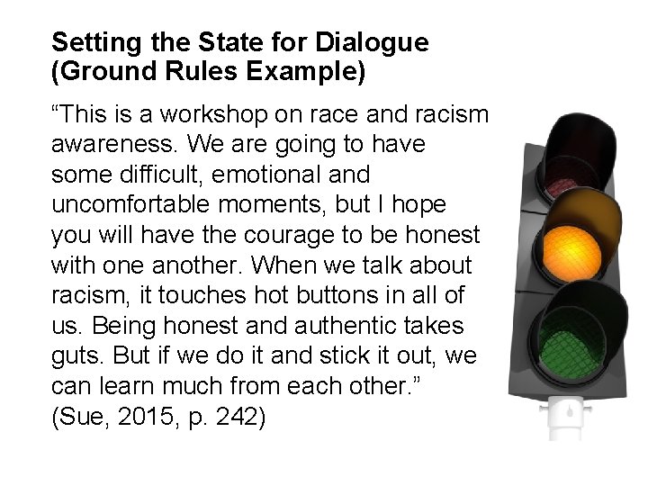 Setting the State for Dialogue (Ground Rules Example) “This is a workshop on race