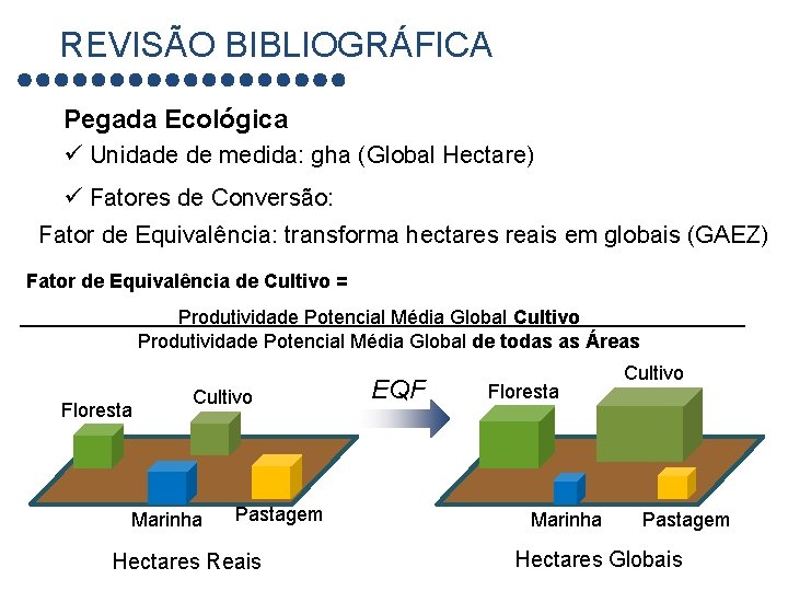 REVISÃO BIBLIOGRÁFICA Pegada Ecológica ü Unidade de medida: gha (Global Hectare) ü Fatores de