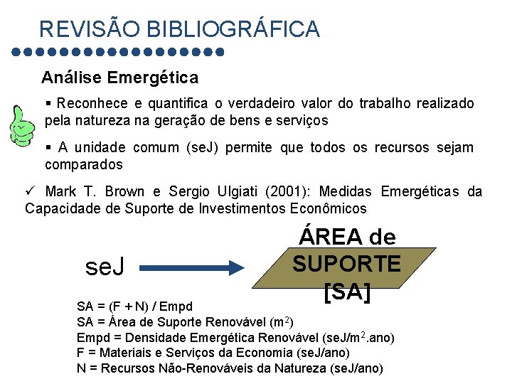 REVISÃO BIBLIOGRÁFICA Análise Emergética § Reconhece e quantifica o verdadeiro valor do trabalho realizado
