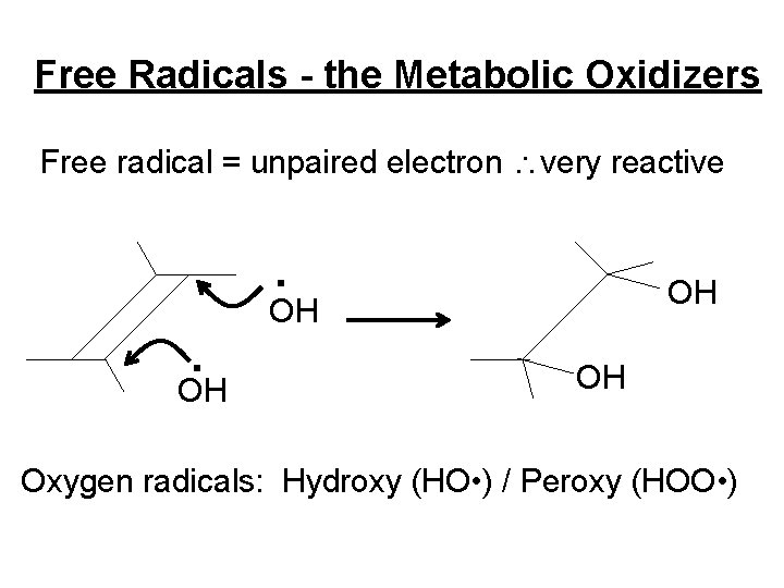 Free Radicals - the Metabolic Oxidizers Free radical = unpaired electron very reactive .