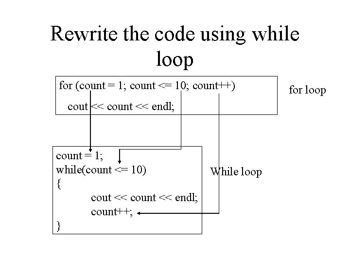 Rewrite the code using while loop for (count = 1; count <= 10; count++)