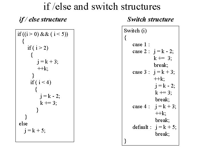 if /else and switch structures if / else structure if ((i > 0) &&