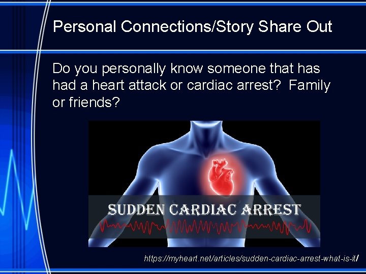 Personal Connections/Story Share Out Do you personally know someone that has had a heart