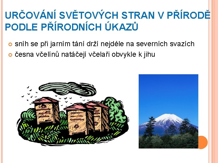 URČOVÁNÍ SVĚTOVÝCH STRAN V PŘÍRODĚ PODLE PŘÍRODNÍCH ÚKAZŮ sníh se při jarním tání drží