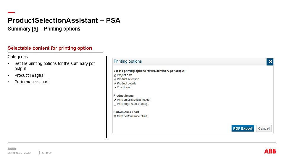 — Product. Selection. Assistant – PSA Summary [6] – Printing options Selectable content for