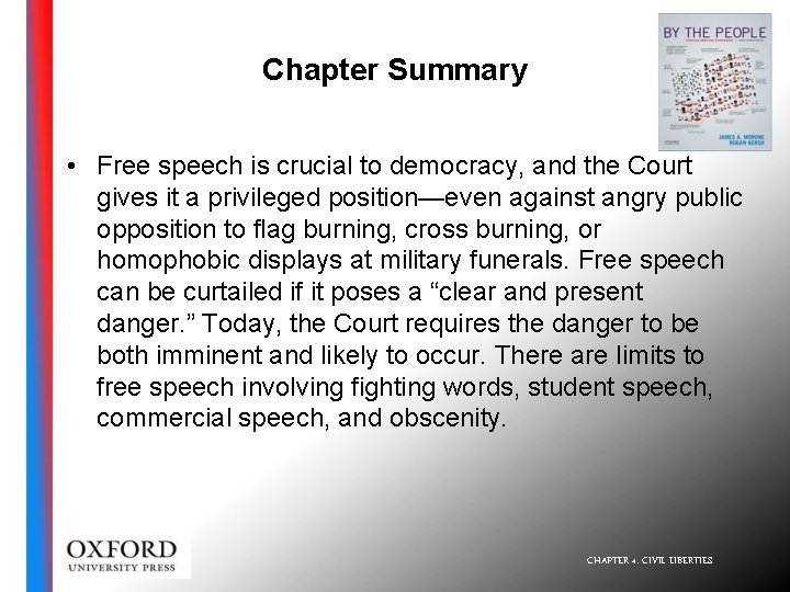 Chapter Summary • Free speech is crucial to democracy, and the Court gives it