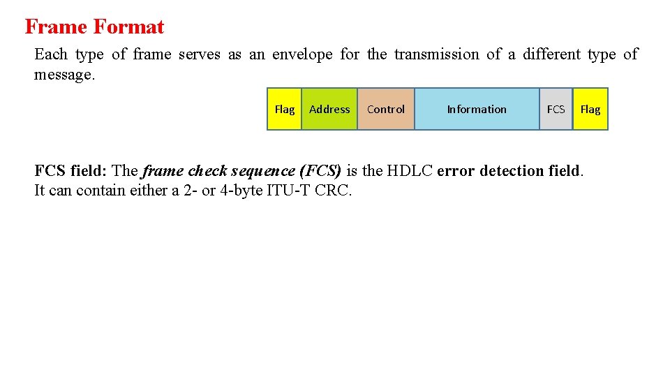 Frame Format Each type of frame serves as an envelope for the transmission of