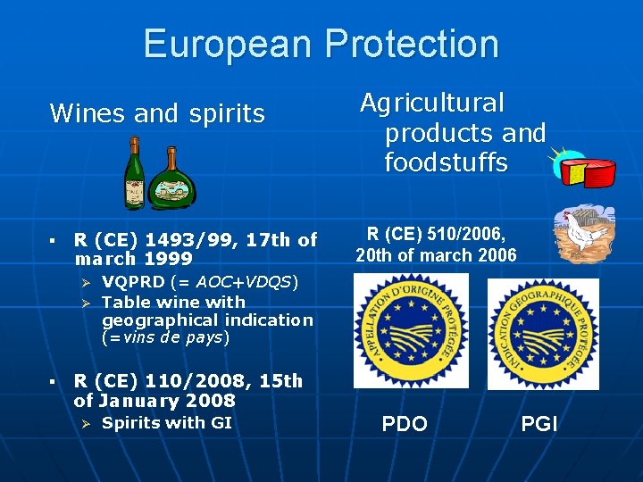 European Protection Wines and spirits § R (CE) 1493/99, 17 th of march 1999