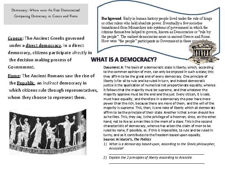 Democracy: Where were the First Democracies? Comparing Democracy in Greece and Rome Background: Early