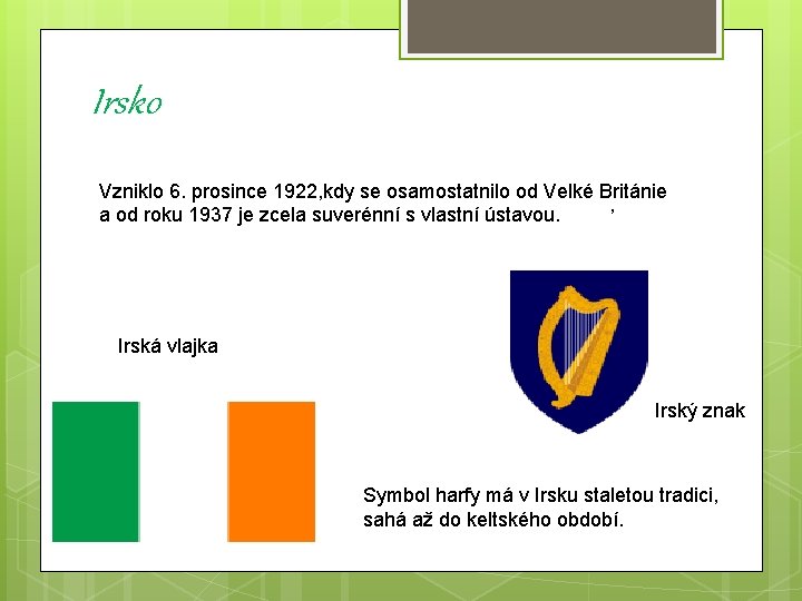 Irsko Vzniklo 6. prosince 1922, kdy se osamostatnilo od Velké Británie , a od