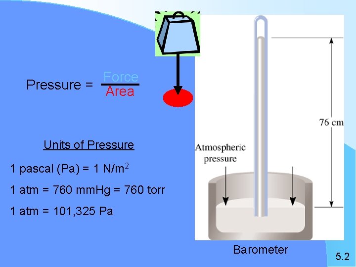 Force Pressure = Area Units of Pressure 1 pascal (Pa) = 1 N/m 2