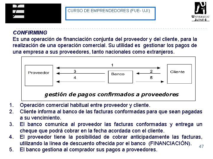 CURSO DE EMPRENDEDORES (FUE- UJI) CONFIRMING Es una operación de financiación conjunta del proveedor CURSO DE EMPRENDEDORES (FUE- UJI) CONFIRMING Es una operación de financiación conjunta del proveedor