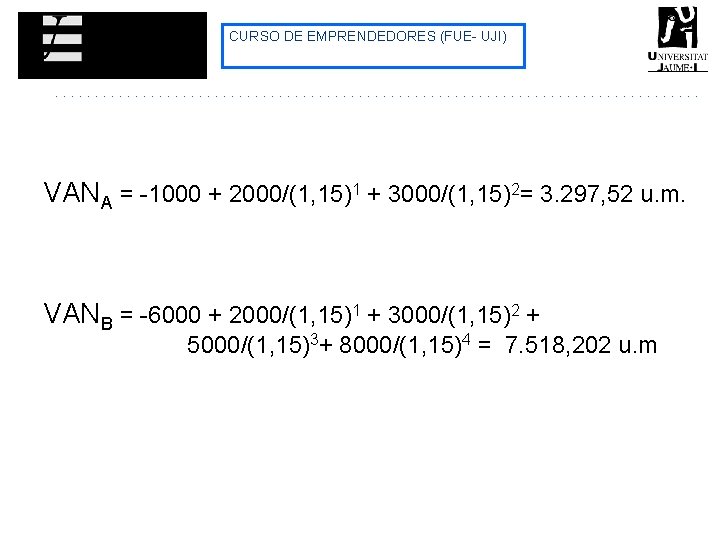 CURSO DE EMPRENDEDORES (FUE- UJI) VANA = -1000 + 2000/(1, 15)1 + 3000/(1, 15)2= CURSO DE EMPRENDEDORES (FUE- UJI) VANA = -1000 + 2000/(1, 15)1 + 3000/(1, 15)2=