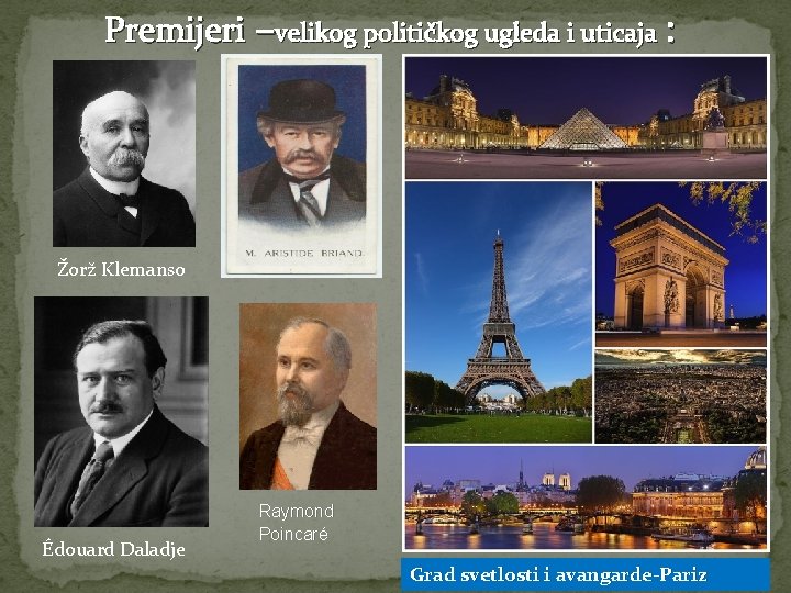 Premijeri –velikog političkog ugleda i uticaja : Žorž Klemanso Édouard Daladje Raymond Poincaré Grad