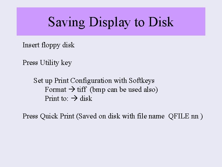 Saving Display to Disk Insert floppy disk Press Utility key Set up Print Configuration