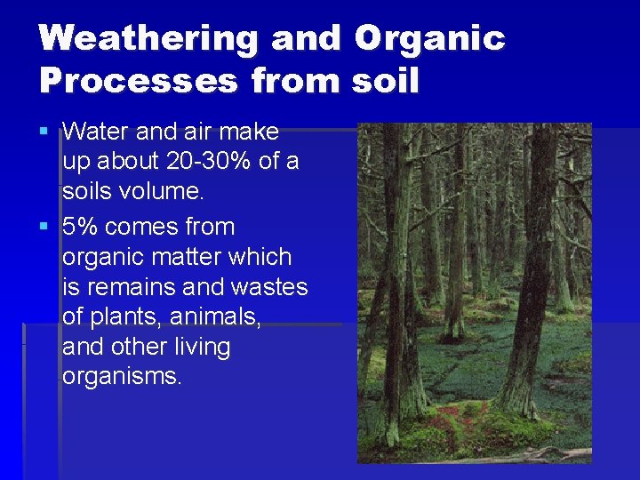 Weathering and Organic Processes from soil § Water and air make up about 20