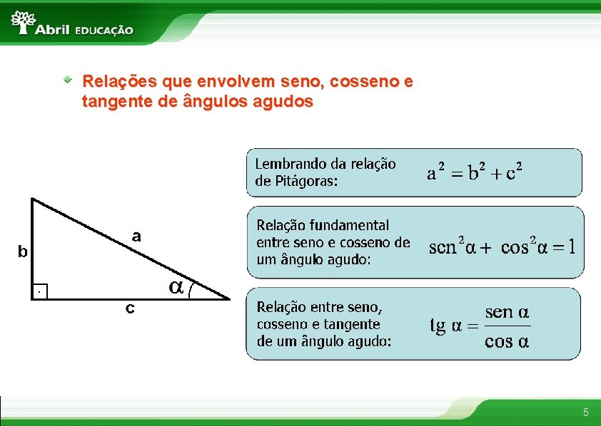 Relações que envolvem seno, cosseno e tangente de ângulos agudos 5 