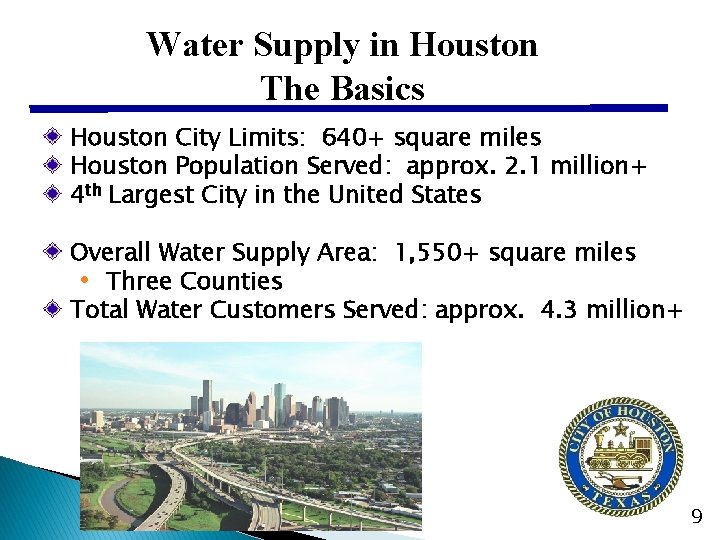 Water Supply in Houston The Basics Houston City Limits: 640+ square miles Houston Population
