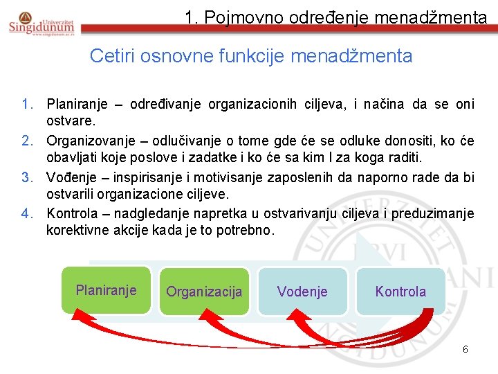 1. Pojmovno određenje menadžmenta Cetiri osnovne funkcije menadžmenta 1. Planiranje – određivanje organizacionih ciljeva,