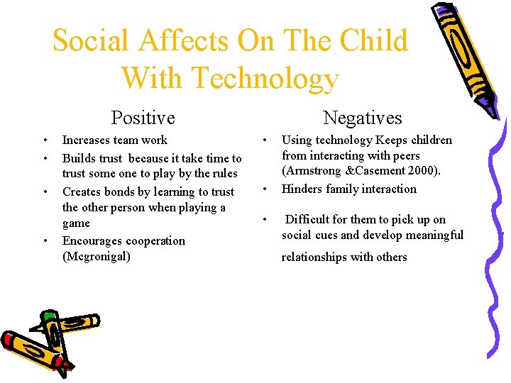 Social Affects On The Child With Technology Positive • • Increases team work Builds