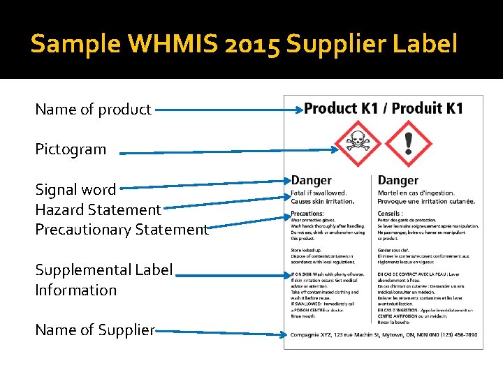 Sample WHMIS 2015 Supplier Label Name of product Pictogram Signal word Hazard Statement Precautionary