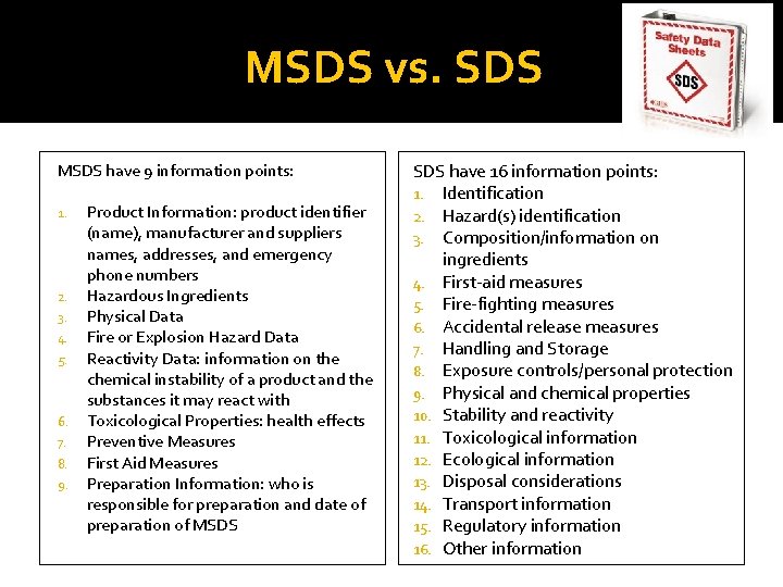 MSDS vs. SDS MSDS have 9 information points: 1. 2. 3. 4. 5. 6.