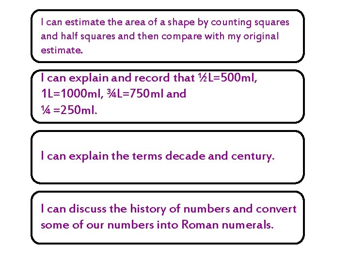 I can estimate the area of a shape by counting squares and half squares