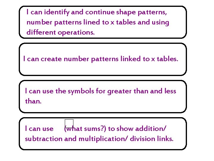 I can identify and continue shape patterns, number patterns lined to x tables and