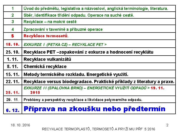 1 Úvod do předmětu, legislativa a názvosloví, anglická terminologie, literatura. 2 Sběr, identifikace třídění