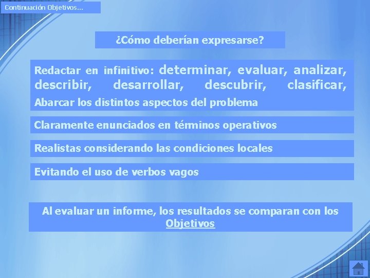 Continuación Objetivos… ¿Cómo deberían expresarse? Redactar en infinitivo: determinar, evaluar, analizar, describir, desarrollar, descubrir,