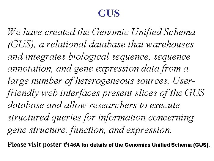 GUS We have created the Genomic Unified Schema (GUS), a relational database that warehouses GUS We have created the Genomic Unified Schema (GUS), a relational database that warehouses