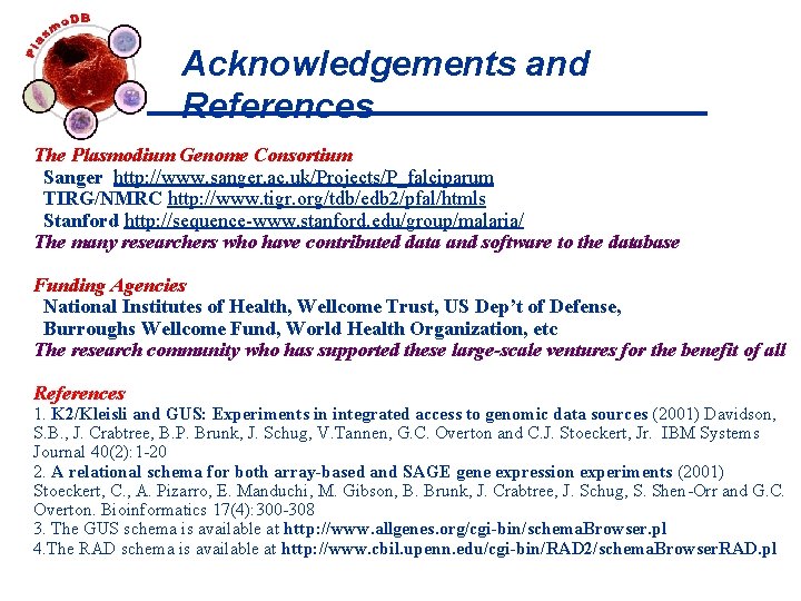 Acknowledgements and References The Plasmodium Genome Consortium Sanger http: //www. sanger. ac. uk/Projects/P_falciparum TIRG/NMRC Acknowledgements and References The Plasmodium Genome Consortium Sanger http: //www. sanger. ac. uk/Projects/P_falciparum TIRG/NMRC