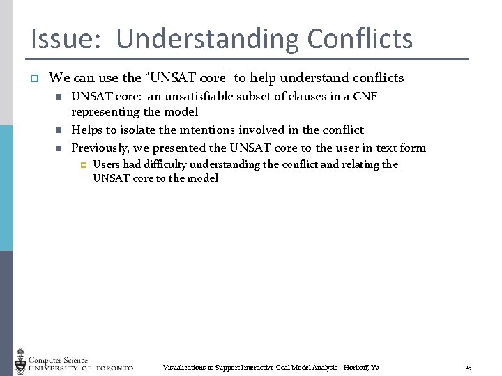 Issue: Understanding Conflicts p We can use the “UNSAT core” to help understand conflicts