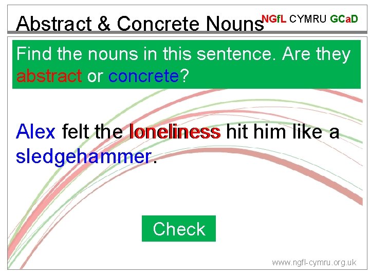 Abstract & Concrete Nouns NGf. L CYMRU GCa. D Find the nouns in this