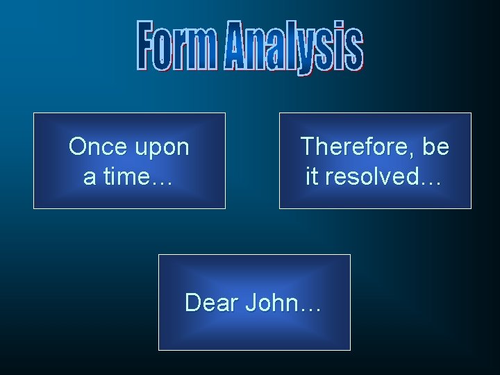 Once upon a time… Therefore, be it resolved… Dear John… 