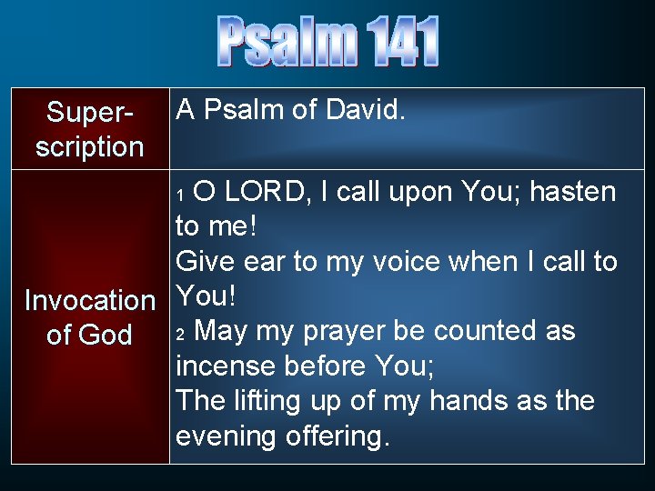 Superscription A Psalm of David. O LORD, I call upon You; hasten to me!