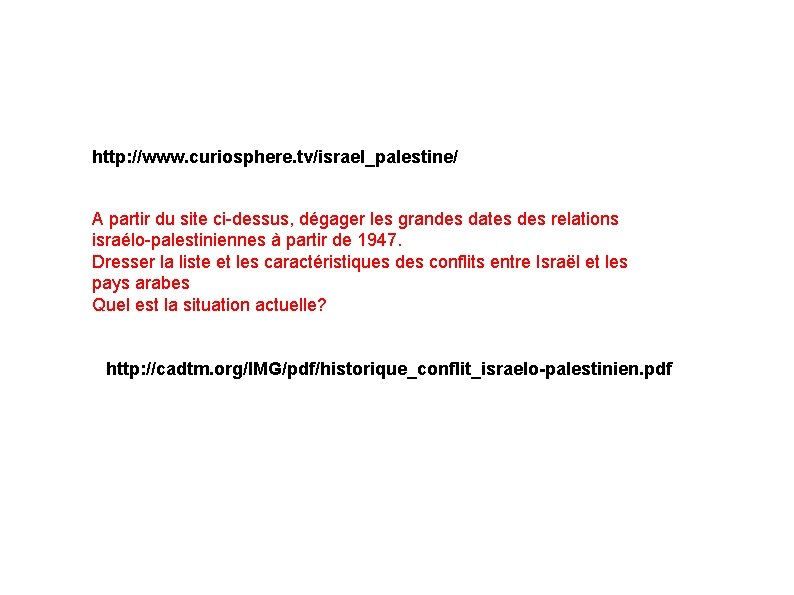 http: //www. curiosphere. tv/israel_palestine/ A partir du site ci-dessus, dégager les grandes dates des