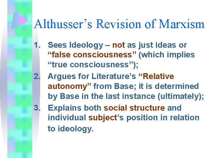 Althusser’s Revision of Marxism 1. Sees Ideology – not as just ideas or “false