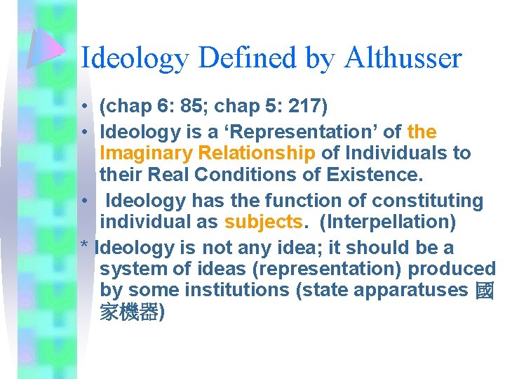Ideology Defined by Althusser • (chap 6: 85; chap 5: 217) • Ideology is