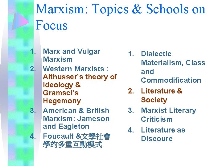 Marxism: Topics & Schools on Focus 1. Marx and Vulgar Marxism 2. Western Marxists