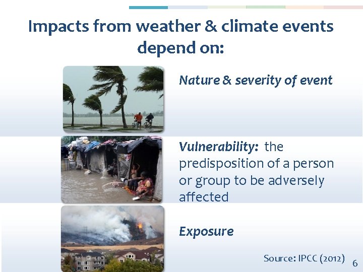 Impacts from weather & climate events depend on: Nature & severity of event Vulnerability: