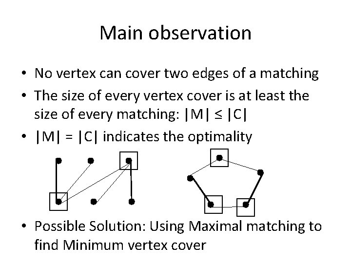 Main observation • No vertex can cover two edges of a matching • The