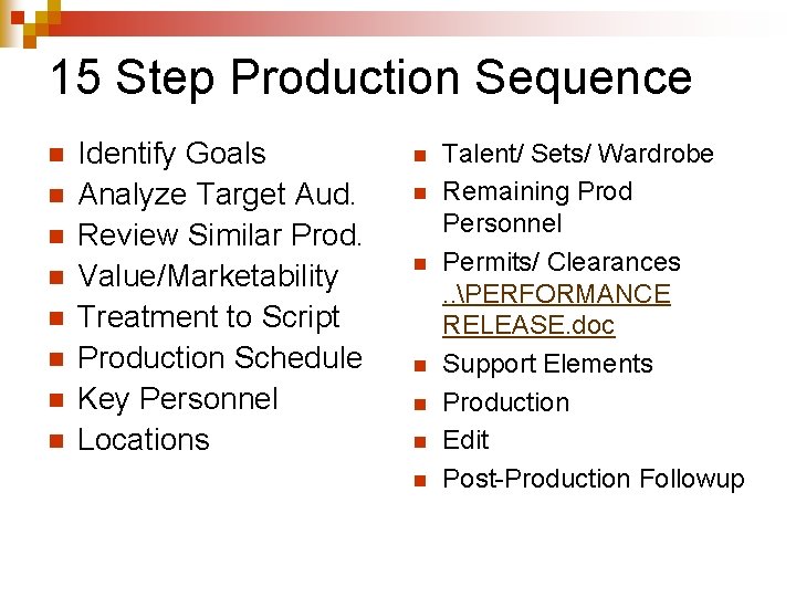 15 Step Production Sequence n n n n Identify Goals Analyze Target Aud. Review