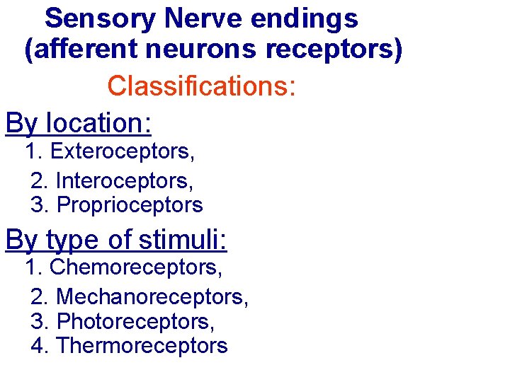 Sensory Nerve endings (afferent neurons receptors) Classifications: By location: 1. Exteroceptors, 2. Interoceptors, 3. Sensory Nerve endings (afferent neurons receptors) Classifications: By location: 1. Exteroceptors, 2. Interoceptors, 3.