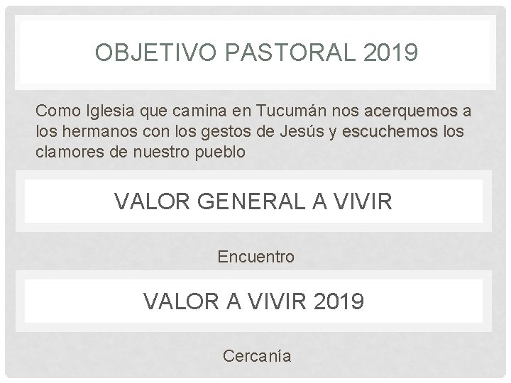 OBJETIVO PASTORAL 2019 Como Iglesia que camina en Tucumán nos acerquemos a los hermanos