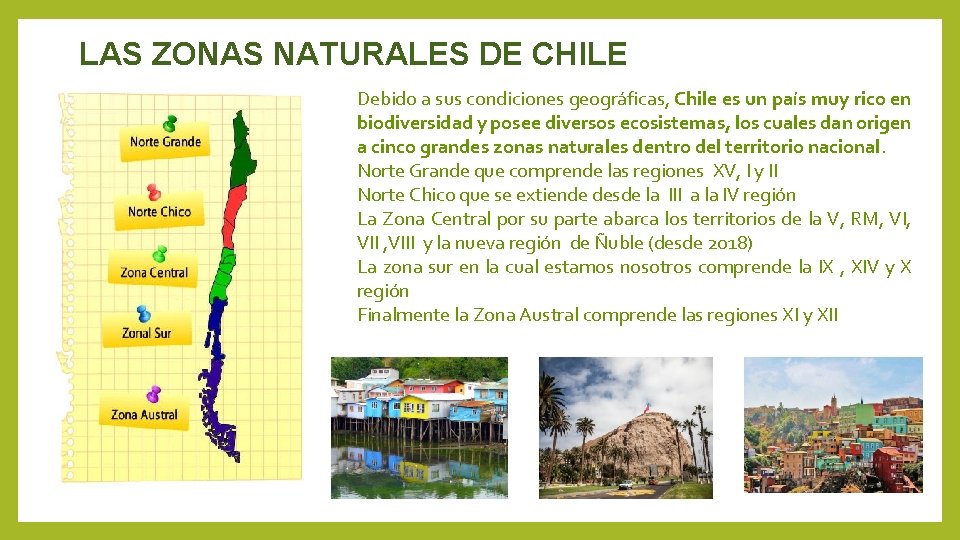 LAS ZONAS NATURALES DE CHILE Debido a sus condiciones geográficas, Chile es un país